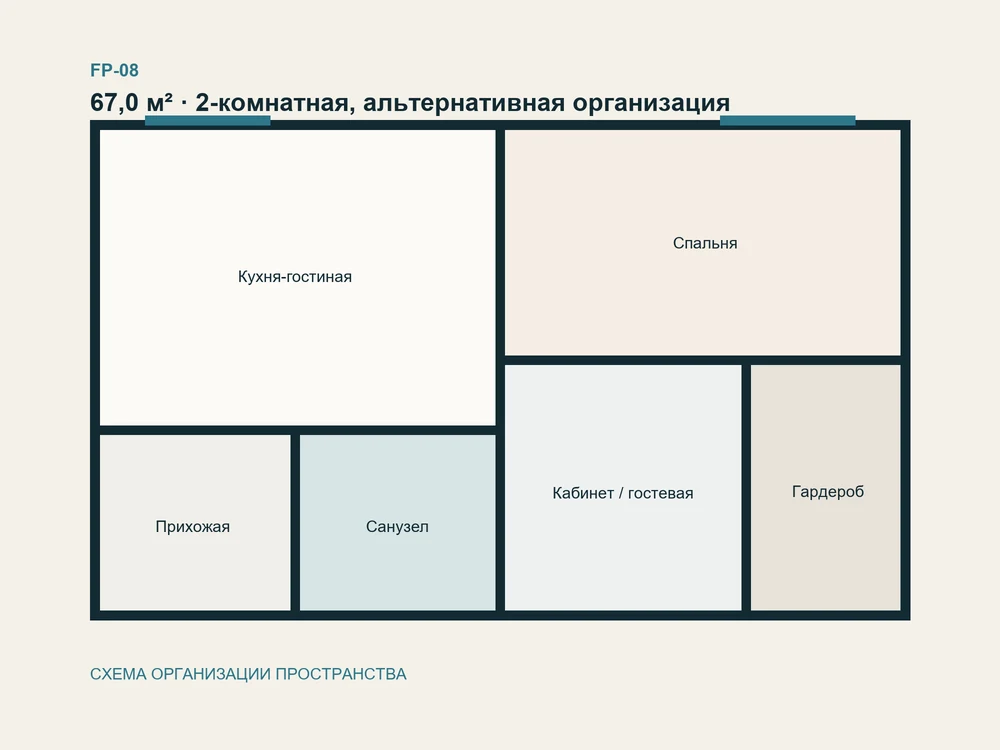 Схема 2-комнатная · вариант площадью 67 м²